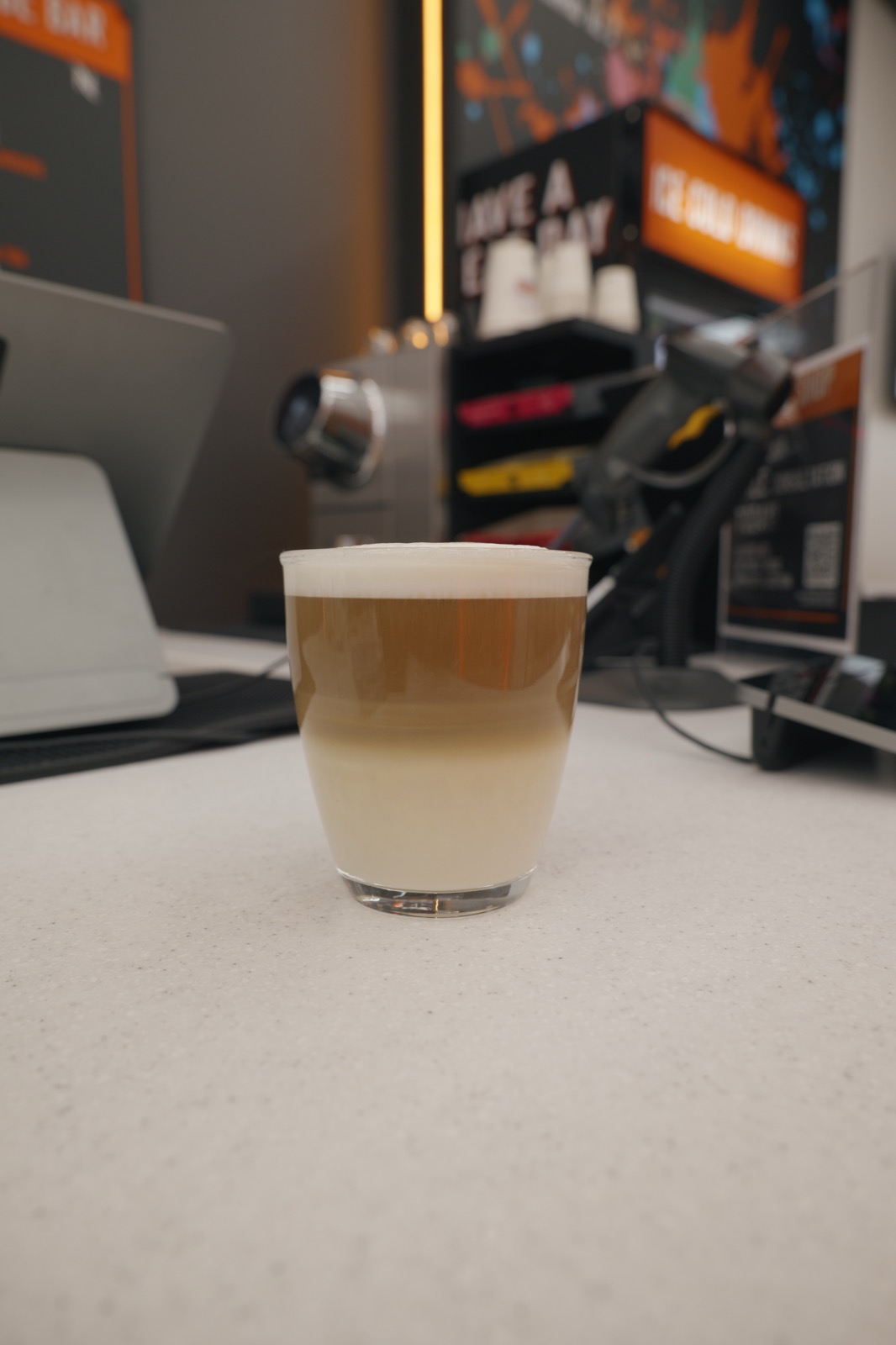 Fresh latte at the in-shop coffee bar